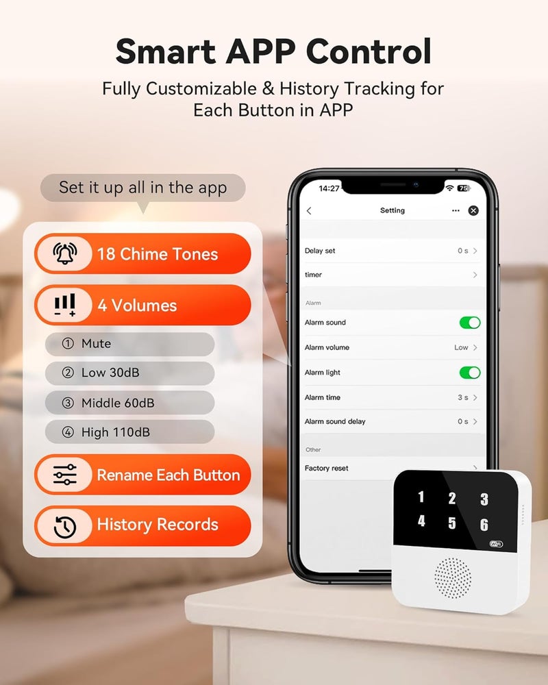 PILSAMAS Wireless Caregiver Call Button System - Dual Hub, Multi-Location Alarm, Dsiplay Caller ID & App Alert, No Monthly Fee, 4 IP65 Panic Buttons, Emergency Alert for Elderly at Home/Nursing Homes - Image 5